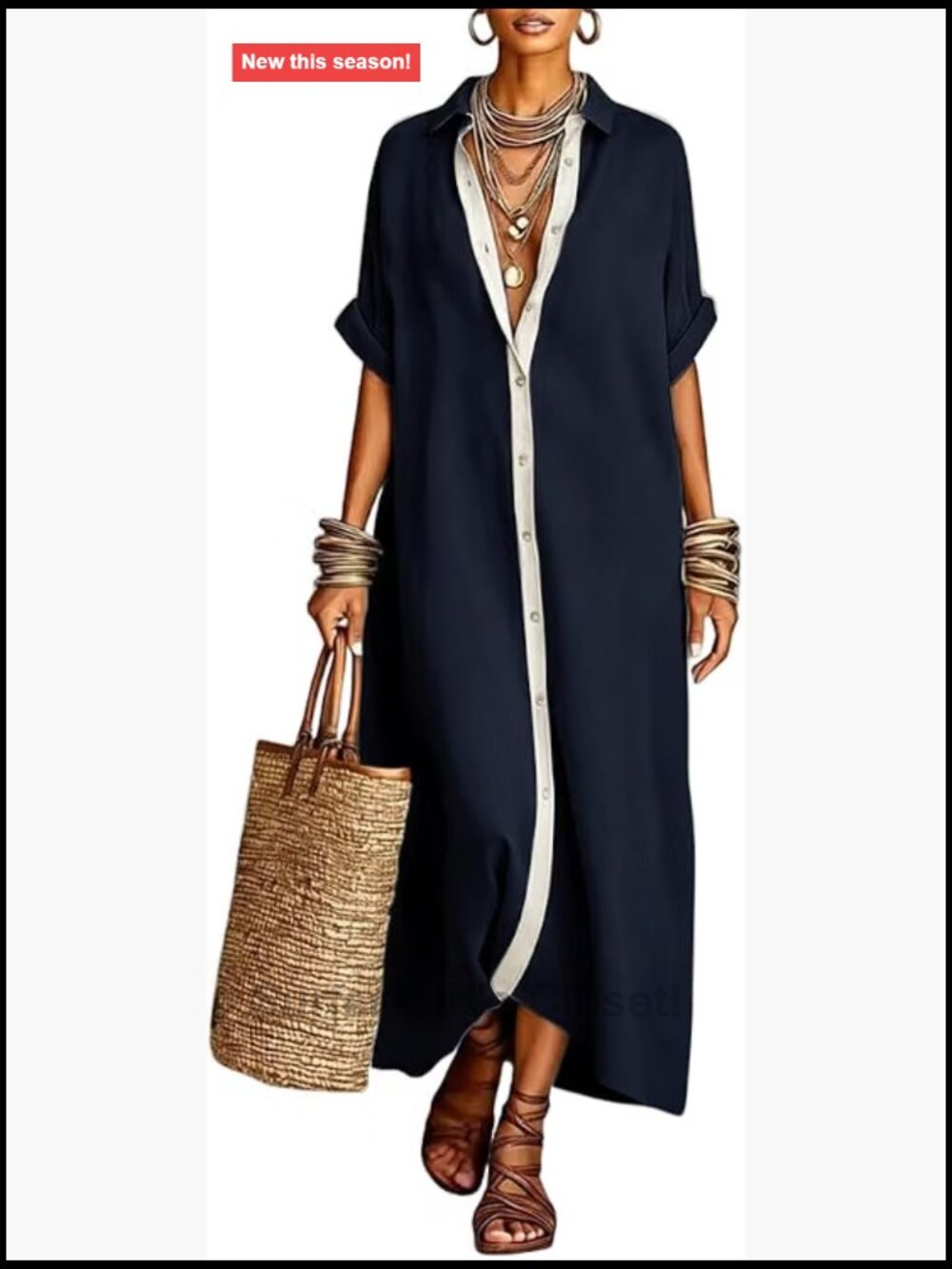 Women's Contrast Placket Cotton Linen Button Down Shirt Maxi Dress with Pockets
